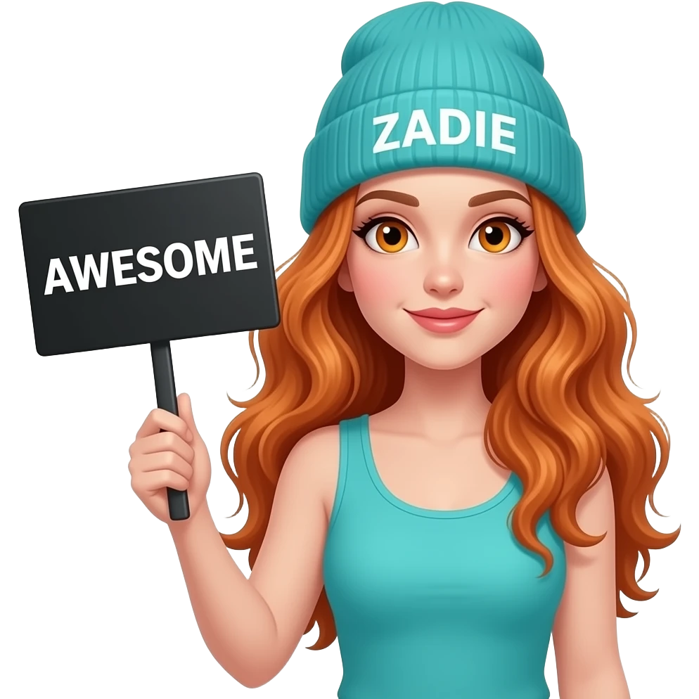 sexy girl with overlong wavy ginger hair and ginger eyes wearing a turquoise tanktop and a turquoise beanie with ZADIE written on it, is holding a black sign with AWESOME written on it emoji