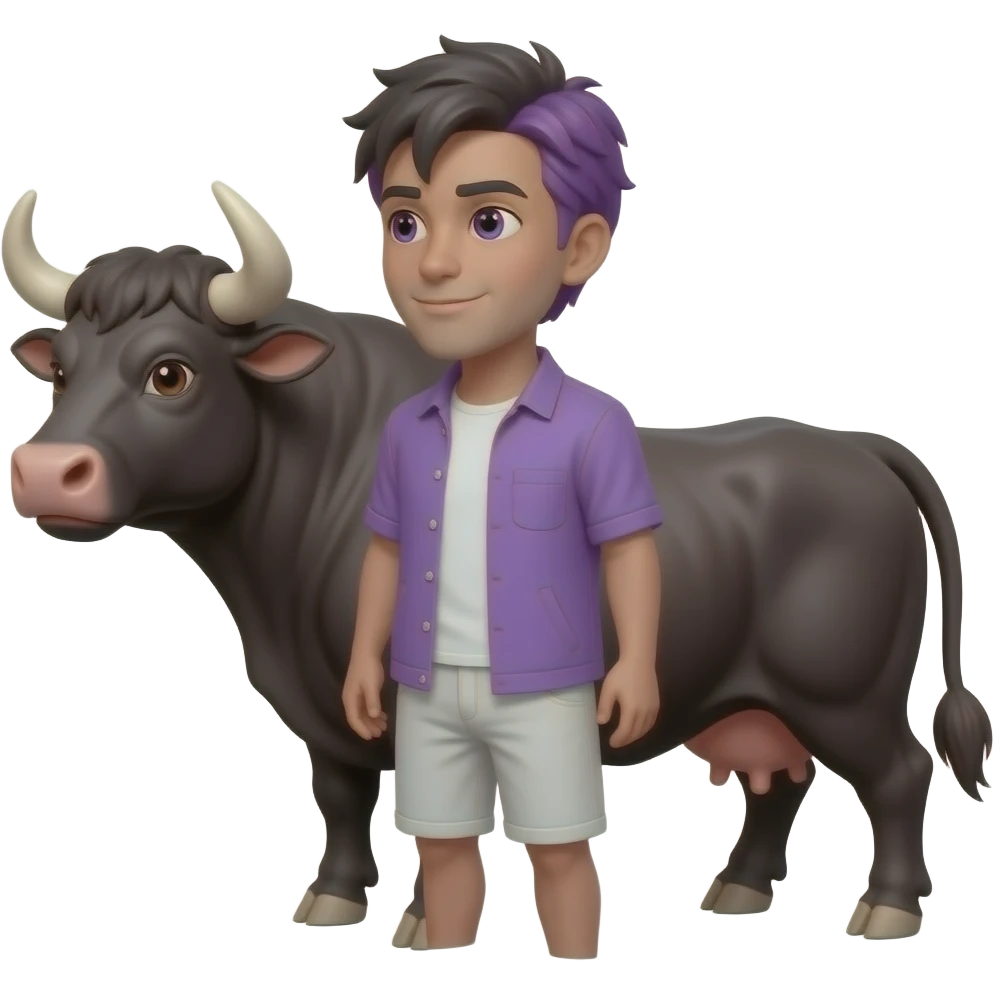 crea una persona que tenga mitad solo del pelo negro y la otra mitad violeta. Que la cabeza sea de un humano normal pero el cuerpo de un Toro emoji