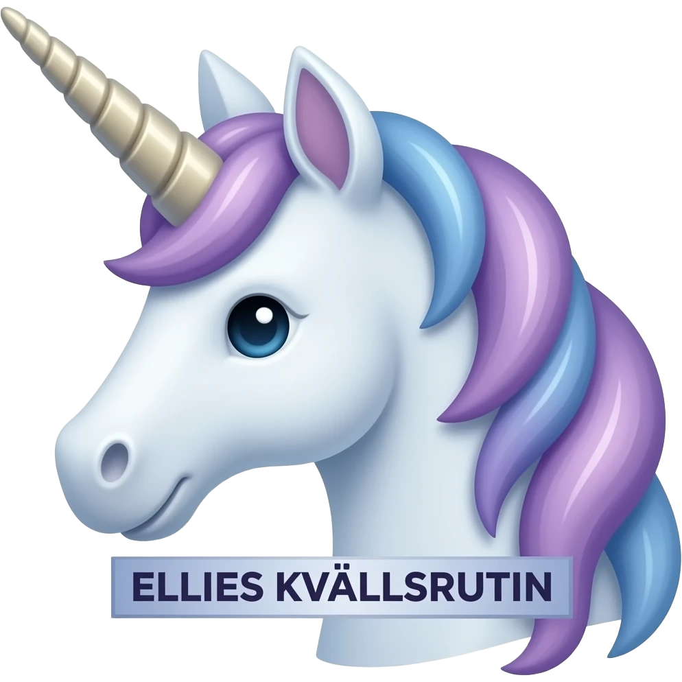 banner that says "ELLIES KVÄLLSRUTIN" with a unicorn in calm colors like violet and blue to symbolize evening emoji