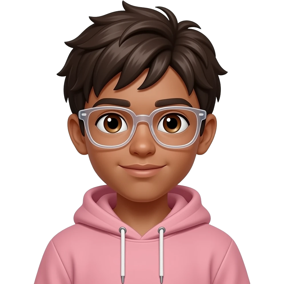 Un garçon avec la peau beige foncé des yeux marrons les cheveux de la même couleurs un peu en pagaille des lunettes transparente un hoodie un peu large rose pale emoji