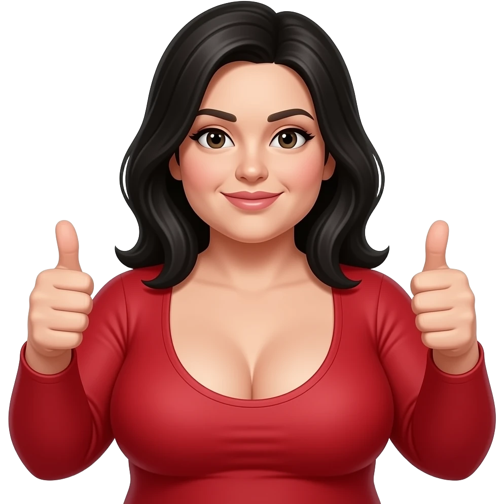Heavyset woman with black hair and very large breasts Wearing a tight low cut red top giving 2 thumbs up emoji