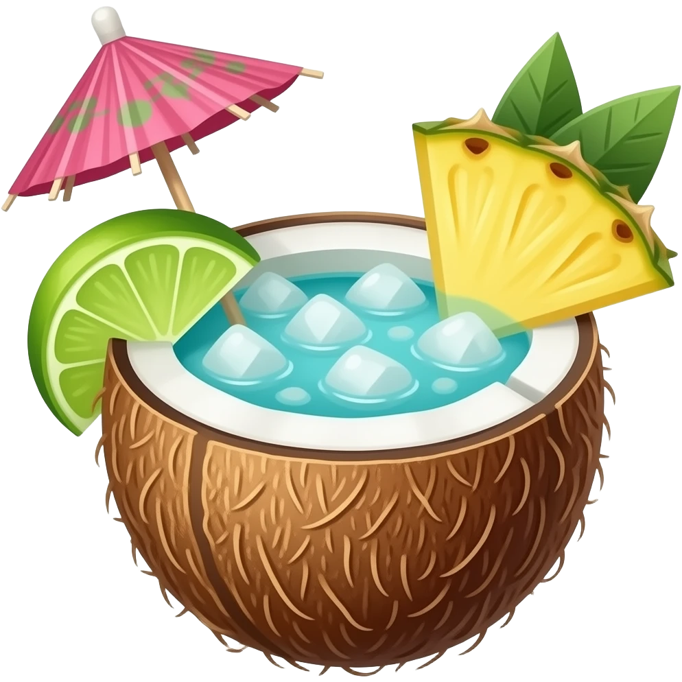 A tropical cocktail served in a coconut shell with a mini umbrella and pineapple. emoji