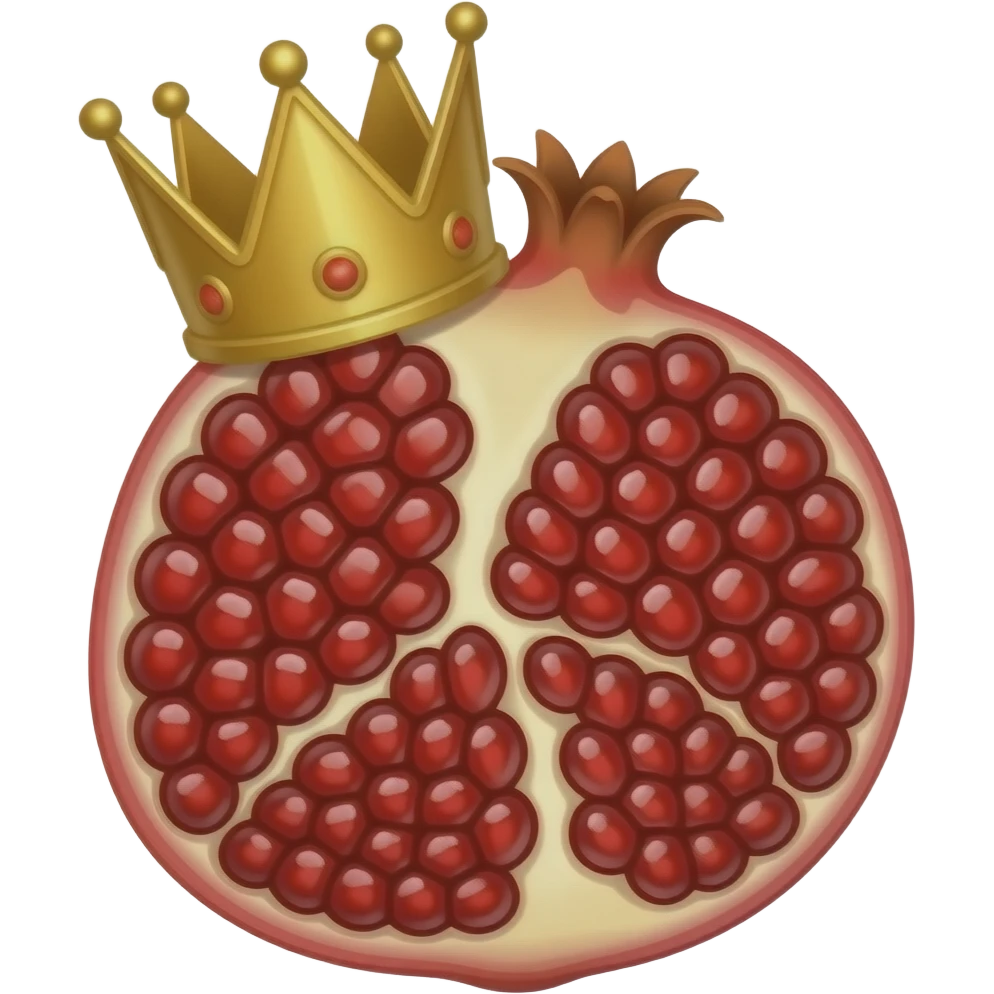 “Cute pomeg“Luxury pomegranate emoji with golden crown 👑, glossy 3D cartoon style, cute and attractive, rich red color, transparent background, premium emoji design”ranate emoji, glossy cartoon style, transparent background, simple and minimal, 3D emoji emoji