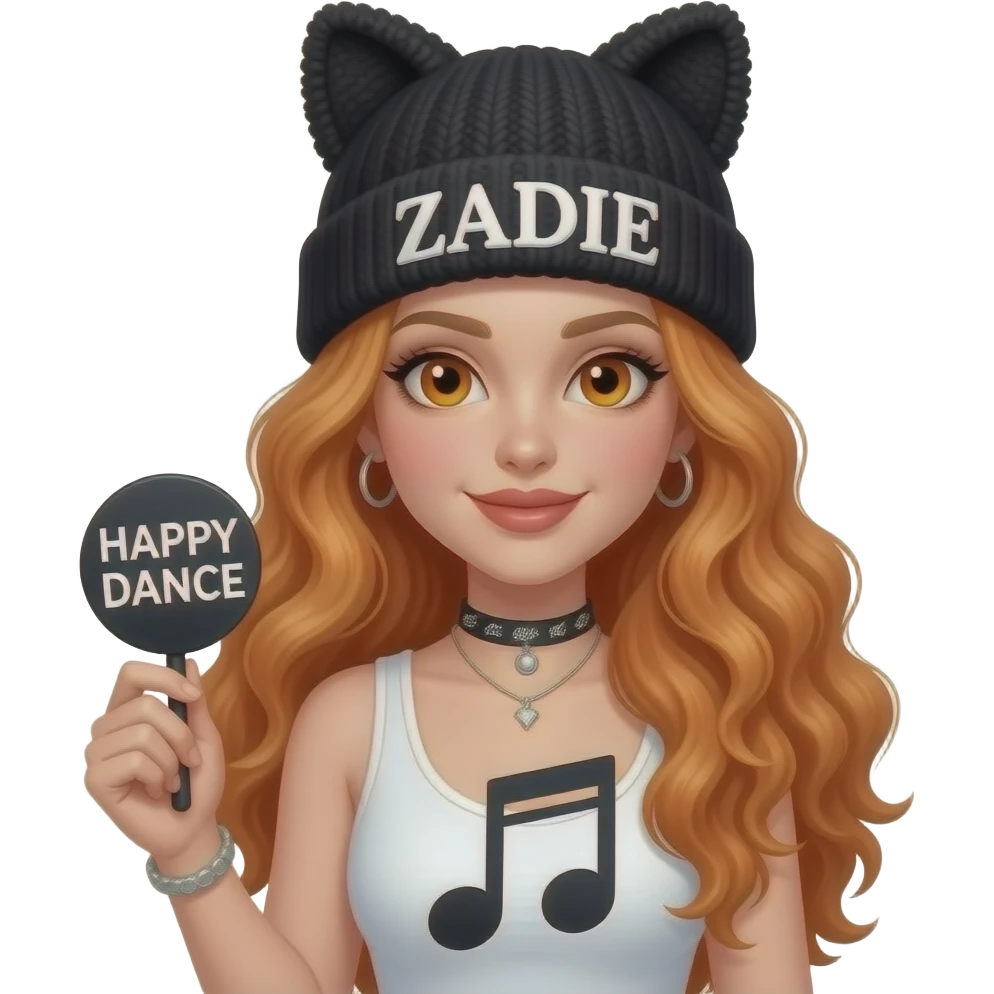 sexy girl with overlong wavy ginger hair and ginger eyes wearing a white tanktop and a black pom pom hat with cat ears with ZADIE written on it is holding a black sign with HAPPY DANCE 🎵 written on it emoji