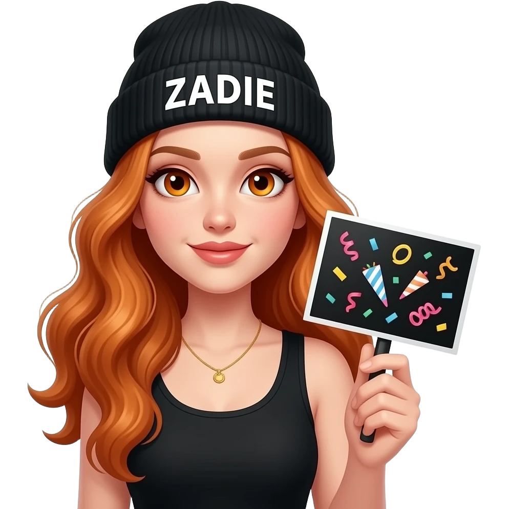 sexy girl with overlong wavy ginger hair and ginger eyes wearing a black tanktop and a black beanie with ZADIE written on it, is holding a black sign with 🎊 on it emoji