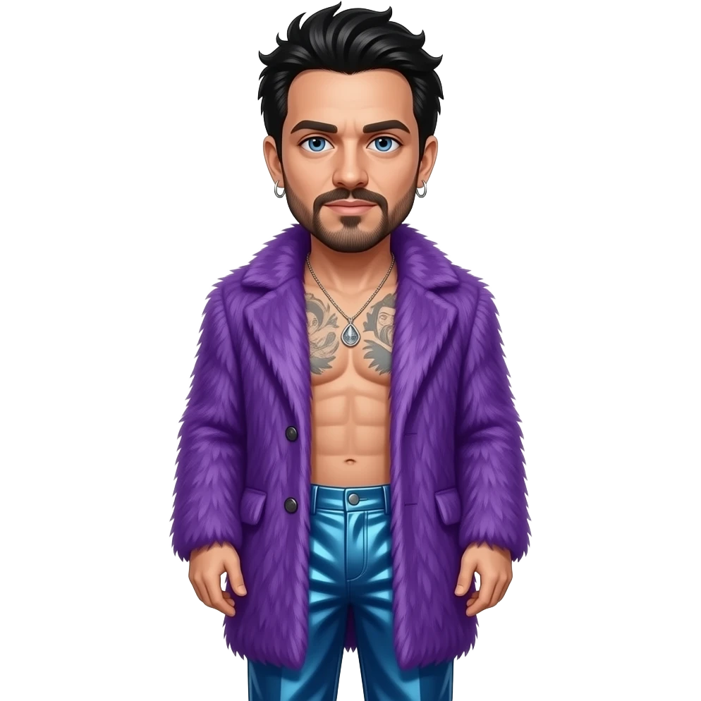 Bam Margera with blue eyes, black hair, purple fur coat, indigo metallic baggy pants, shirtless with necklace emoji