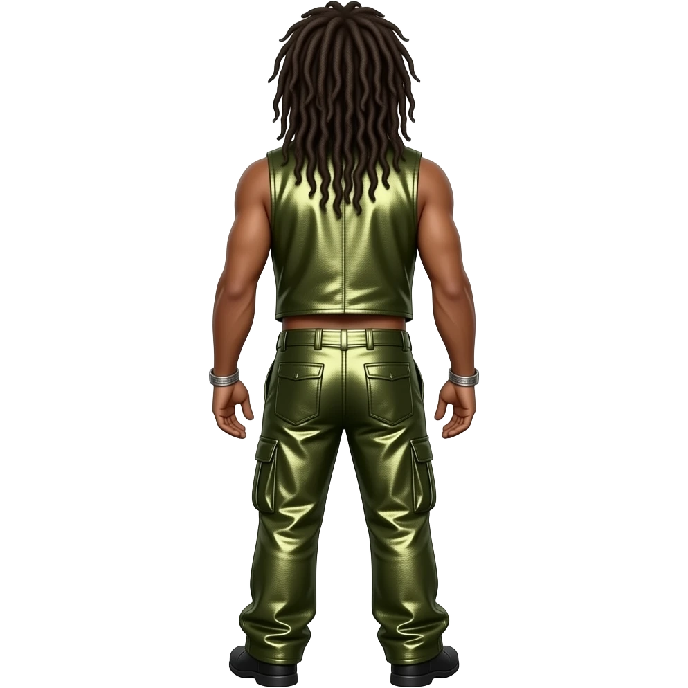 Bob Marley from behind with long locs, olive metallic vest, olive metallic baggy pants, shirtless emoji