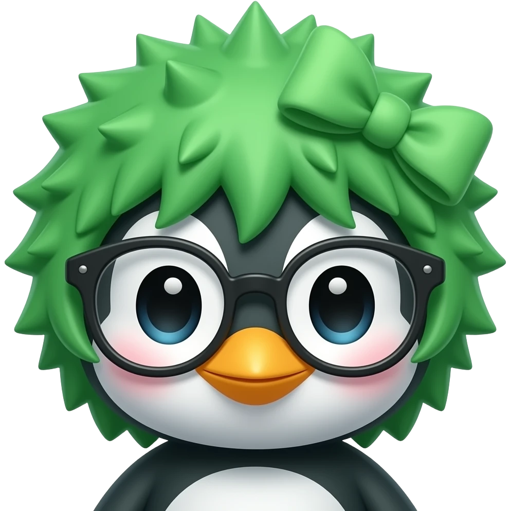green spiky haired penguin with hairbow and glassess, just face emoji
