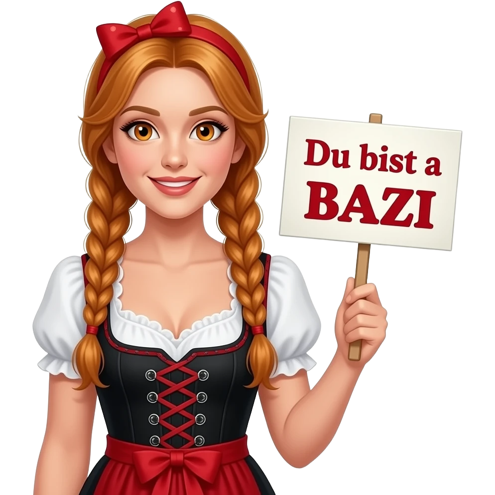 sexy girl with overlong ginger braids and ginger eyes wearing a black red dirndl and a red headband with ZADIE written on it, is holding a sign with Du bist a BAZI written on it emoji
