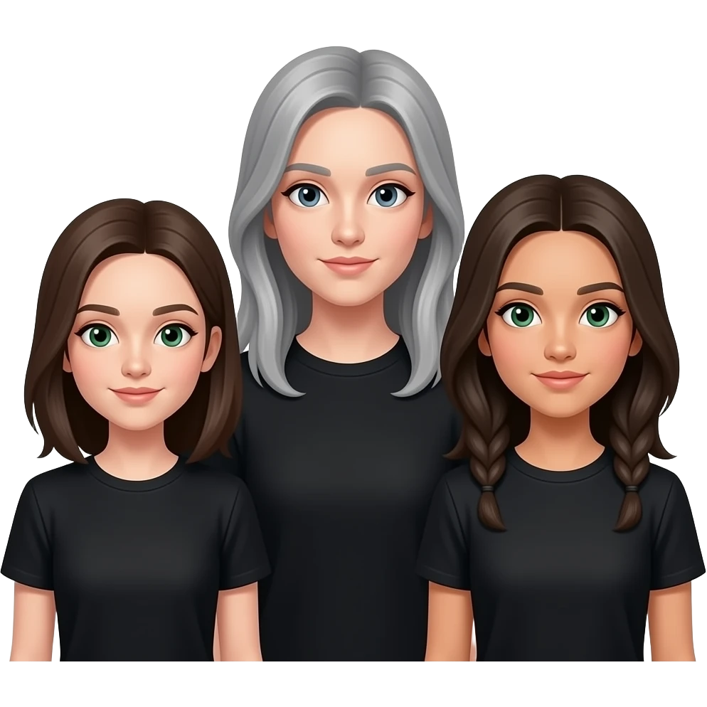 Change eyes to dark green on middle and left girl and grey girl is a little taller than the others and all in black tee shirts girl with grey hair is taller emoji