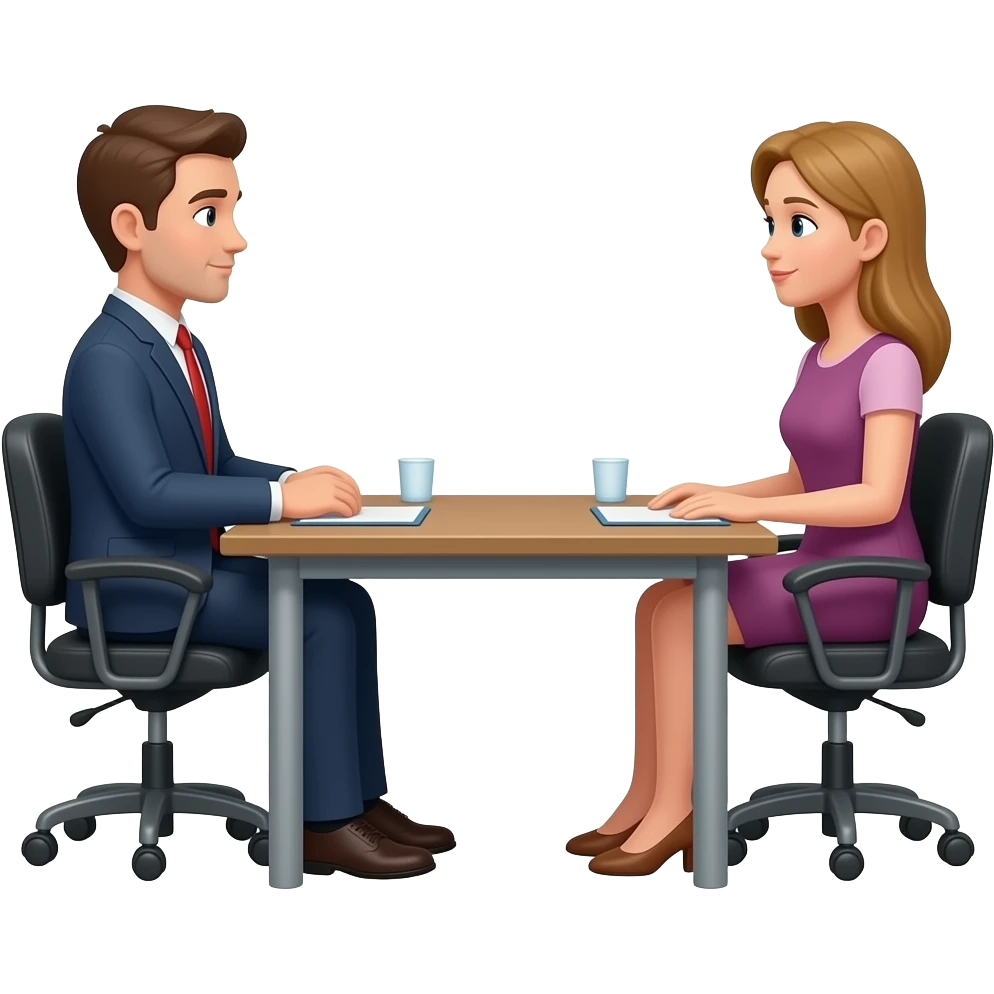 a person facing interview infront of some person where have interview table emoji