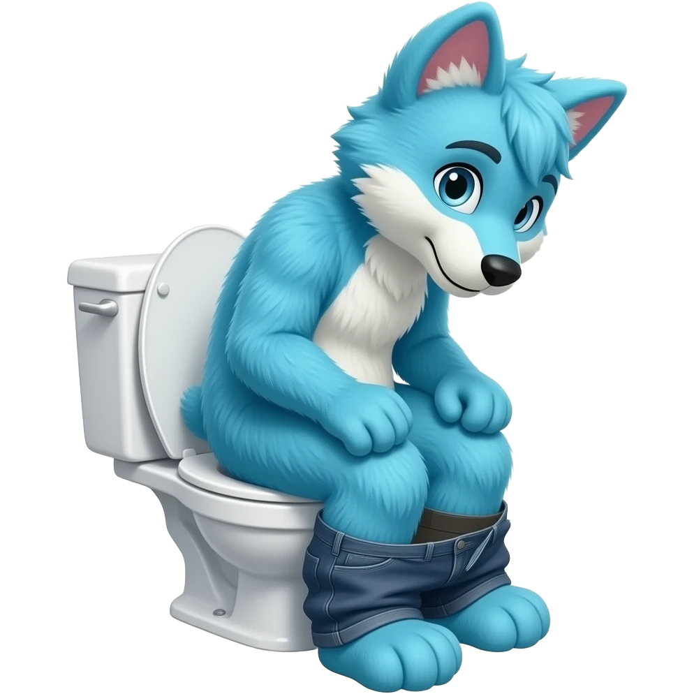 blue fursuit sitting on toilet, side view, pants down, constipated emoji