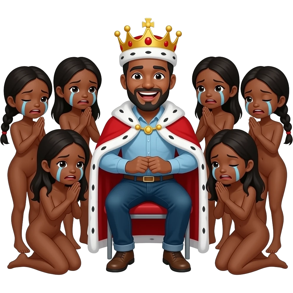 A white king in middle laughing and multiple naked black girls around him crying begging for mercy(shoe naked bodies of girls) emoji