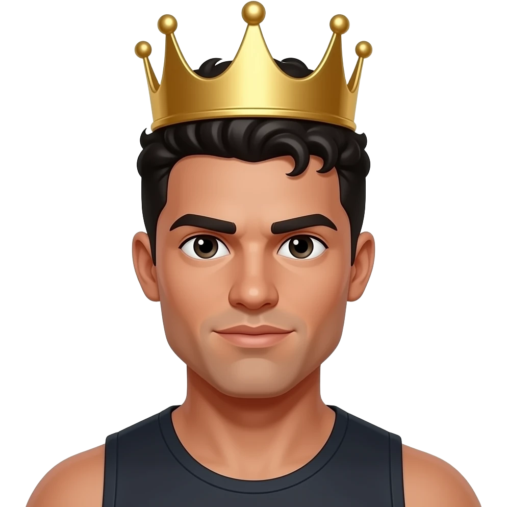 وجه قمحاوي شعرو اسود و مجعد خفيف و عل راسو تاج ووشو متحدد زي بتاع الجيم عندو فك ظاهر emoji