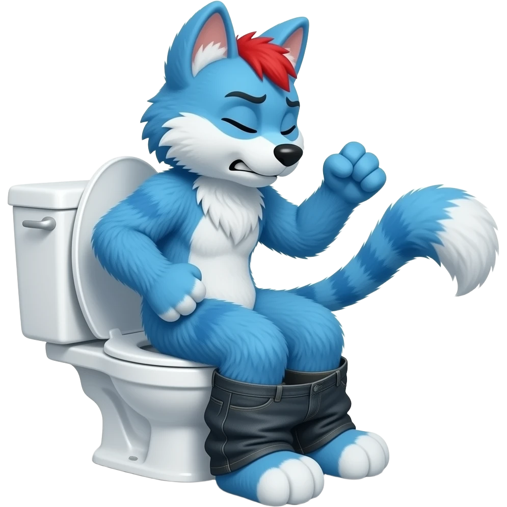 blue fursuit sitting on toilet, side view , pants down, pushing, eyes closed, straining face, fists, uncomfortable, red face emoji
