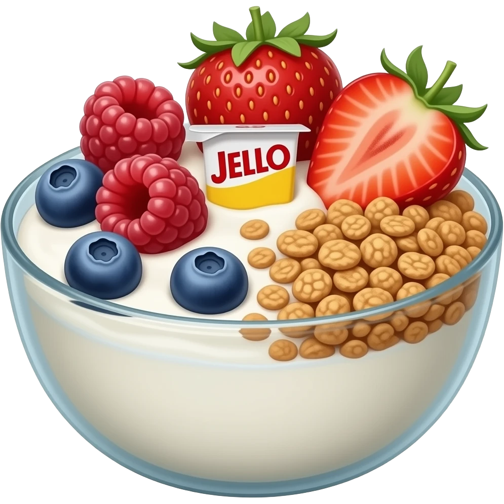 Yogurt bowl with berries and granola amd a tiny little yellow Jell-O pudding box at the top right showing that’s what I put in it emoji