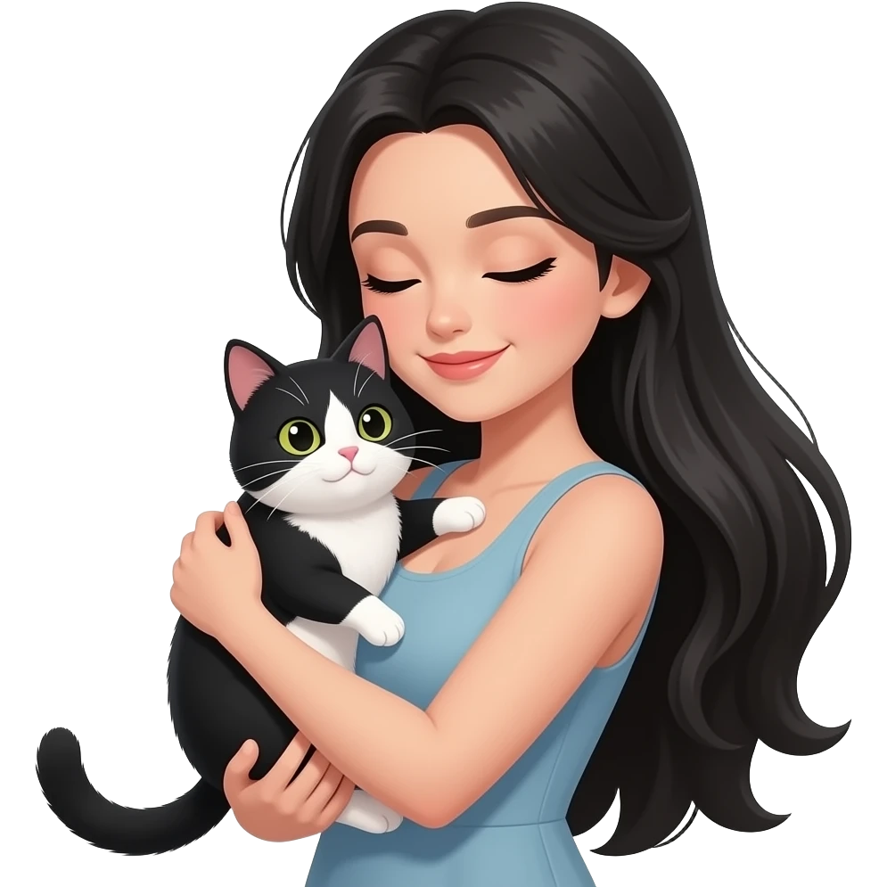 pretty woman with pale skin, very long black hair hugging a black and white cat emoji emoji