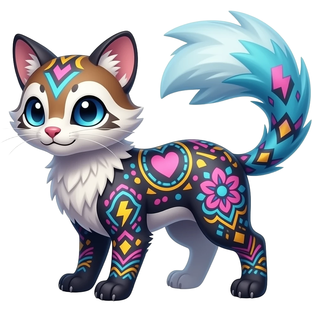 Colorful unique fantasy original shiny smooth soft flurry edgy cool Civet-Absol-Sprigatito-Vaporeon-Fakémon-hybrid with tribal chevron heart floral lightning bolt strikes damask paisley markings emoji