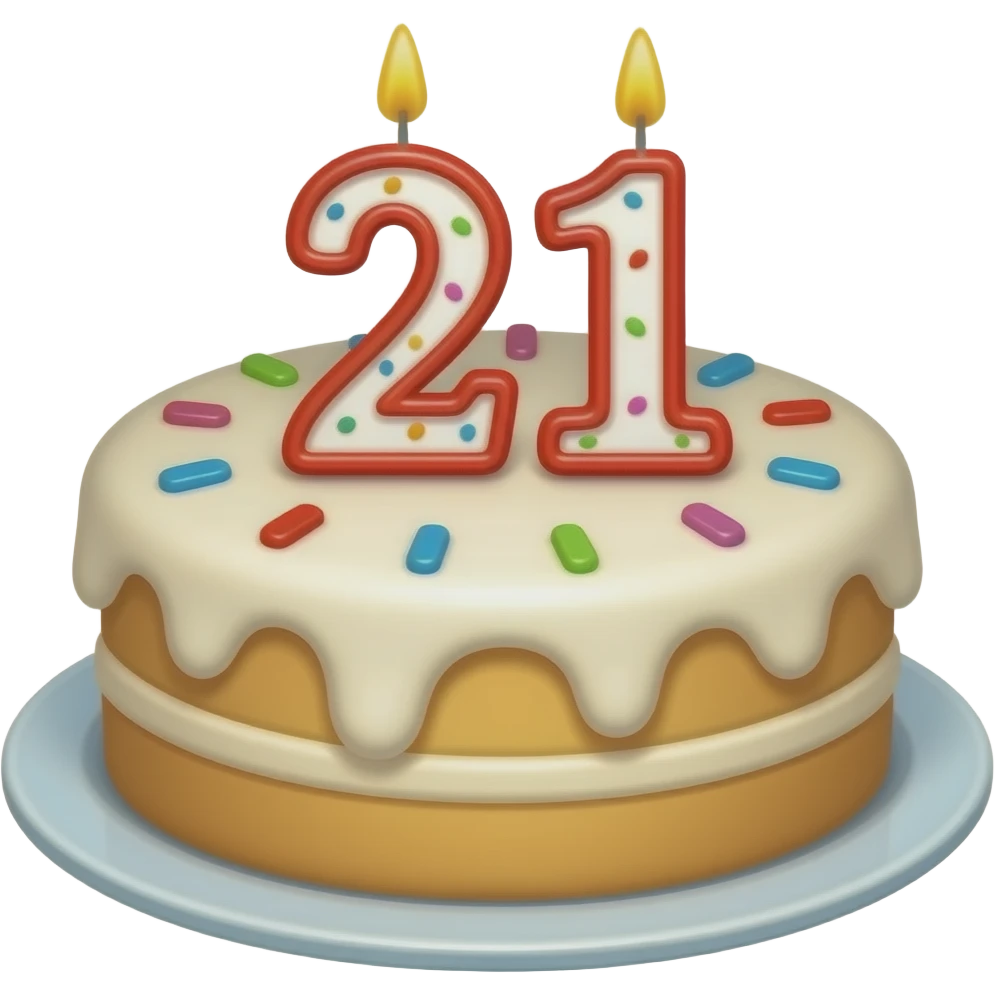 birthday candle saying 21 on birthday cake emoji