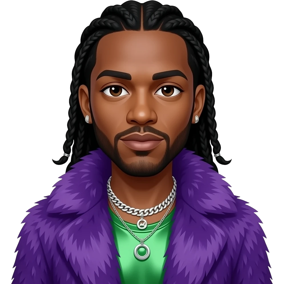 Katt Williams with dark brown eyes, long black hair, purple fur shawl, emerald green metallic baggy pants, shirtless with necklace and earrings emoji