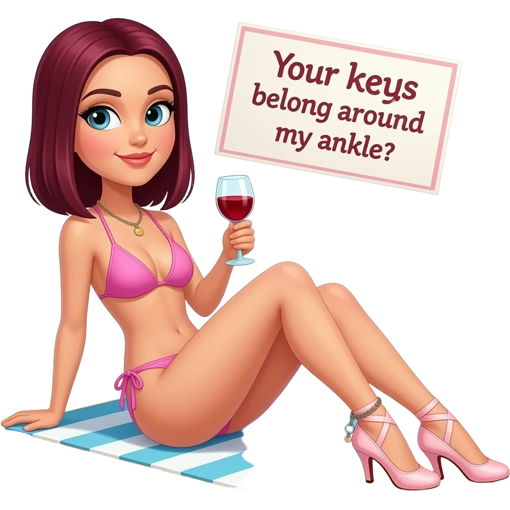 woman. burgundy, straight shoulder-length hair, sunbathing on beach. baby pink bikini. high stiletto ballet heels. Ankle chain with small key dangling from it. Holding glass of red wine in one hand. Holding sign in other hand that says "Your keys belong around my ankle". emoji