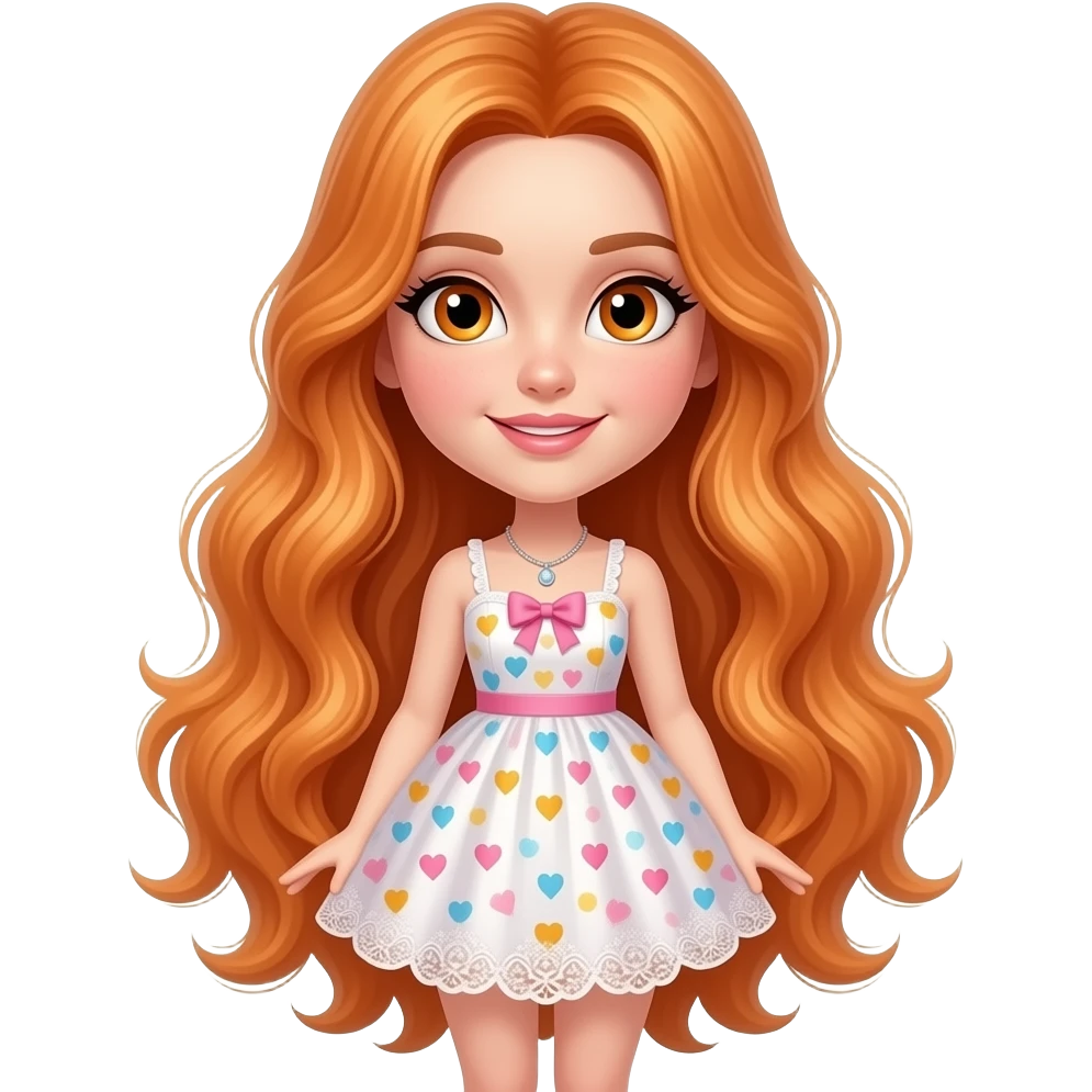 sexy girl with long wavy ginger hair and ginger eyes is wearing a birthday dress, the full body is to seen emoji