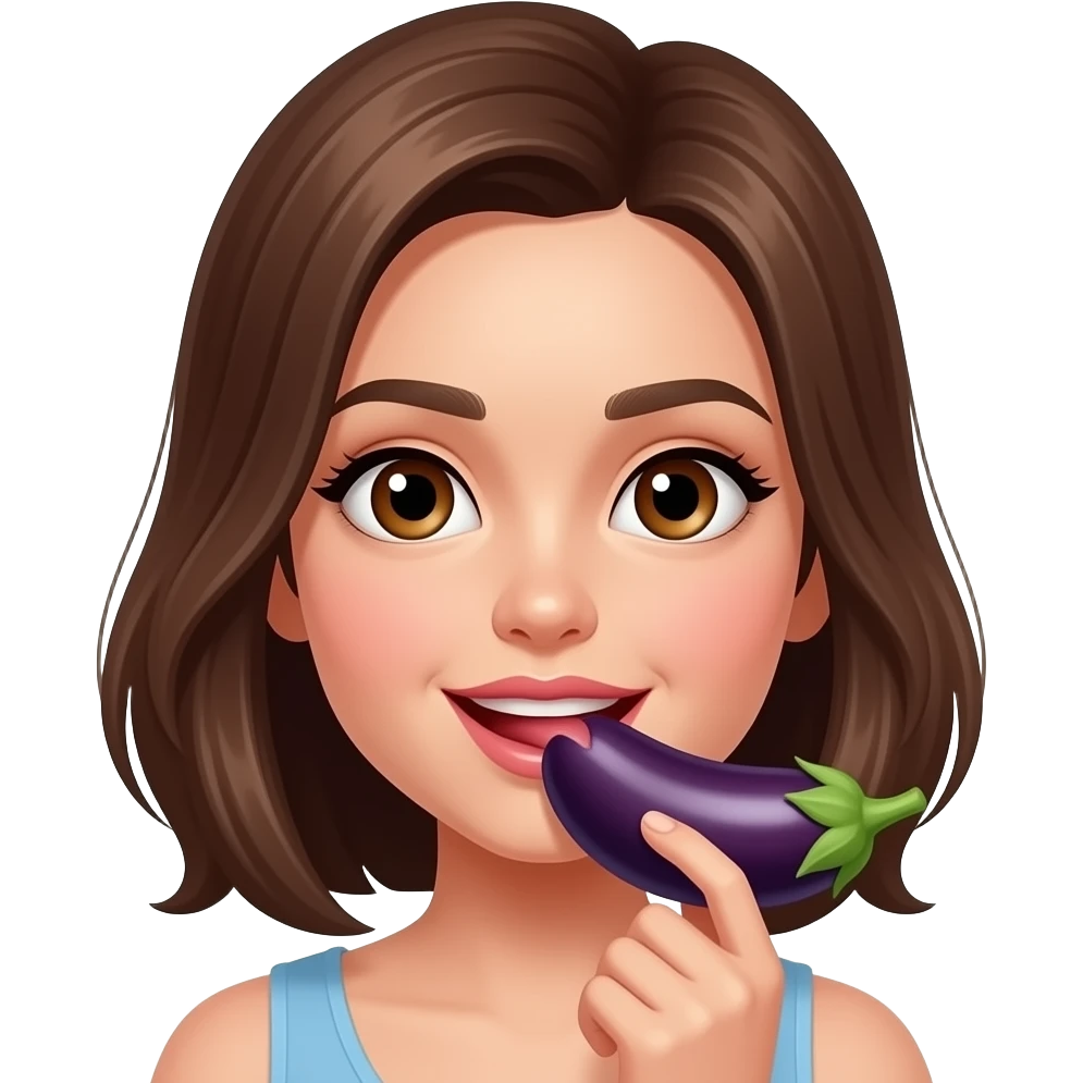 Brown hair, brown eyes girl licking eggplant with siliva emoji