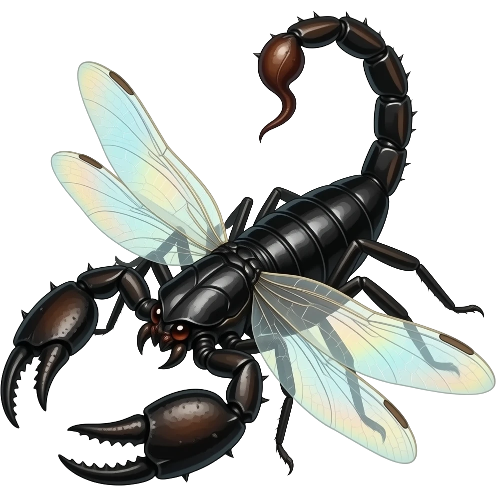 a black widow spider body with dragonfly wings, a scorpion tail and pinchers, and a praying mantis head, insectoid fusion, realistic, emoji