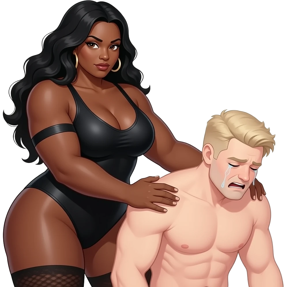 thick muscular savage black woman proudly dominating a large soft naked white man over her arm to spank his pale bottom while he cries like a girl in fear of hard spanking from her emoji