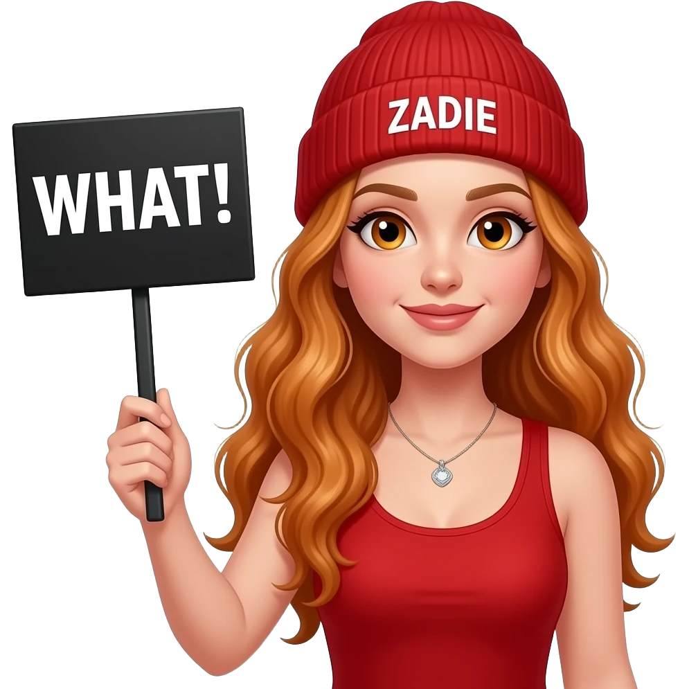 sexy girl with overlong wavy ginger hair and ginger eyes wearing a red tanktop and a red beanie with ZADIE written on it, is holding a black sign with WHAT! written on it emoji