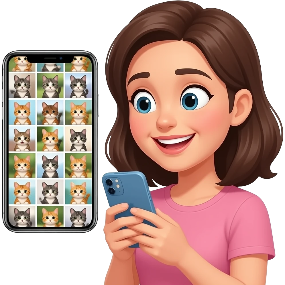 Una mujer mirando su celular sonriendo obsesivamente, mientras en la pantalla se ven muchísimas fotos de su gato en distintas poses adorables. La escena debe transmitir que todo su carrete está lleno de fotos de su mascota. Ambiente divertido y cotidiano. emoji