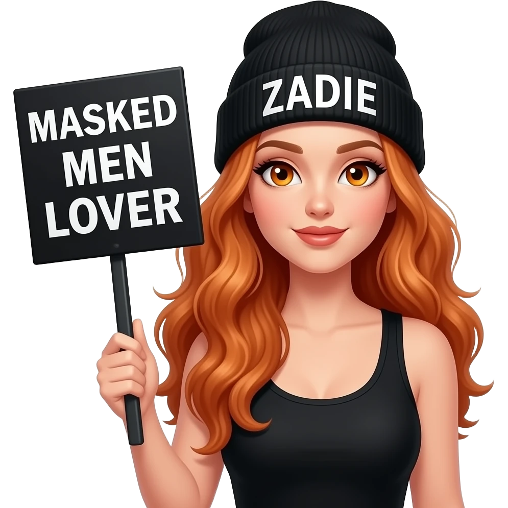 sexy girl with overlong wavy ginger hair and ginger eyes wearing a black tanktop and a black beanie with ZADIE written on it, is holding a black sign with just MASKED MEN LOVER on it emoji