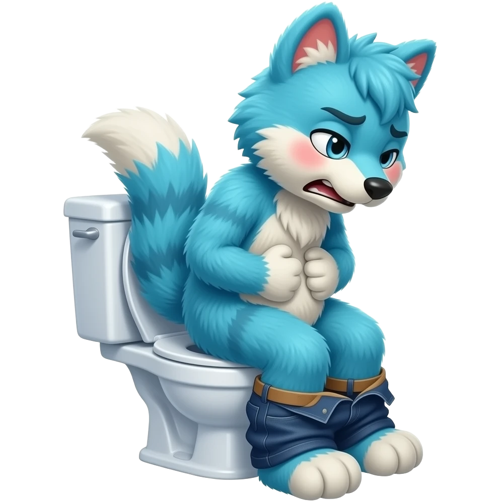 blue fursuit sitting on toilet, side view, pants down, straining face, blushing face, pain, pushing, both hands on stomach, discomfort, grunting emoji