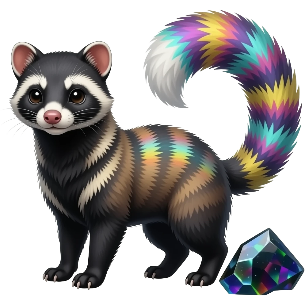 Colorful onyx-obsidian-pitch-black and rainbow-iridescent Cacomistle-Bunnelby-Numbat-Ferret-hybrid-fusion-animal-creature, full body  SIMILAR emoji