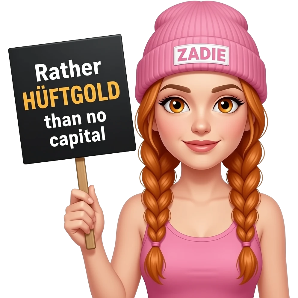 sexy girl with overlong ginger braids and ginger eyes wearing a pink tanktop and a pink beanie with ZADIE written on it, is holding a black sign with Lieber HÜFTGOLD als gar kein KAPITAL written on it emoji
