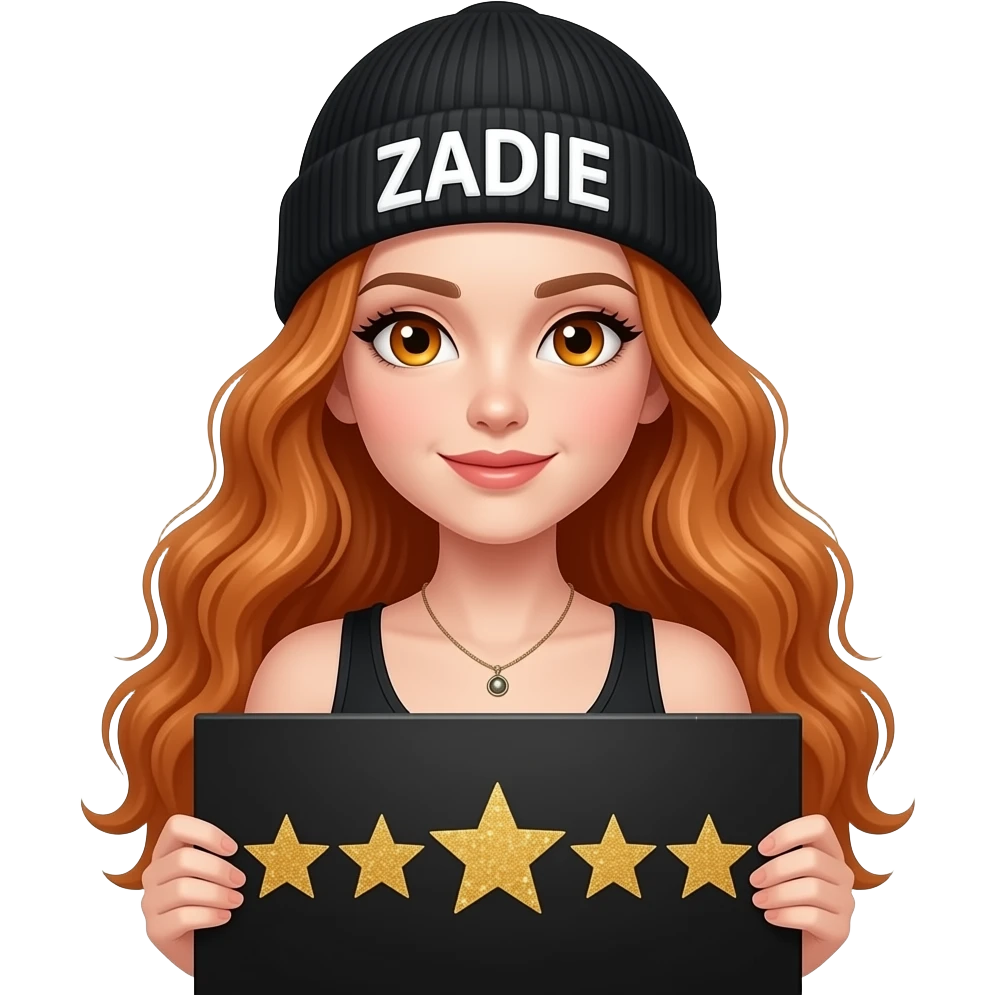 sexy girl with overlong wavy ginger hair and ginger eyes wearing a black tanktop and a black beanie with ZADIE written on it, is holding a black sign with ✴️✴️✴️✴️✴️ on it emoji