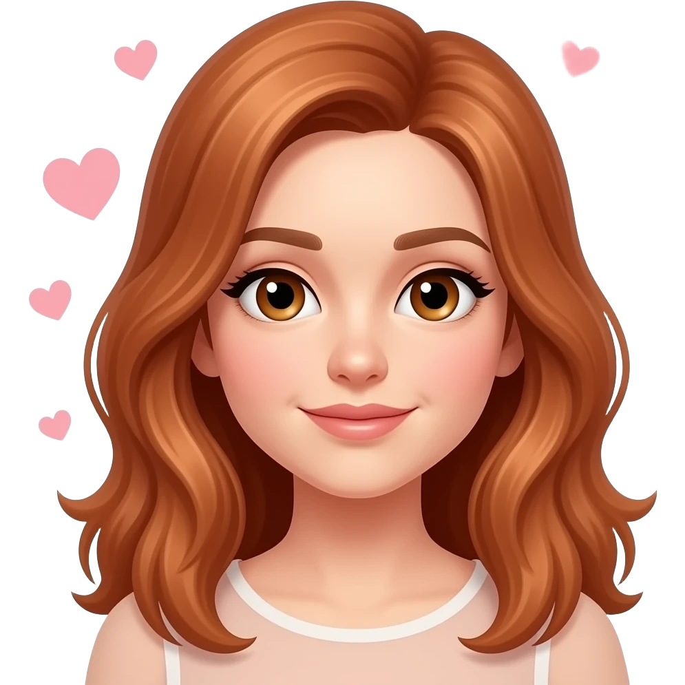 Mujer de cabello cobrizo con cara de estar enamorada con corazones emoji