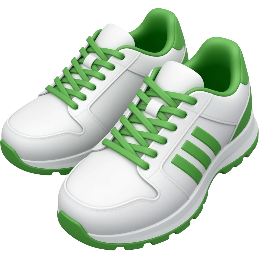 Apple iOS style pair of white pickleball sneakers emoji, glossy 3D sports shoes, white body with green shoelaces and green accents, minimal sporty design, smooth shading, ultra detailed, clean background, premium iOS emoji aesthetic emoji