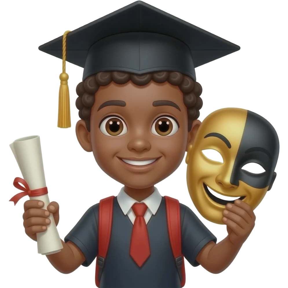 create me an emoji-style png of a black boy student with short black curly hair wearing a classic black graduation cap major, in a style of "theater" major. In one hand hes holding a rolled up graduation paper, and in the other hand holding a item that represents the theater major emoji