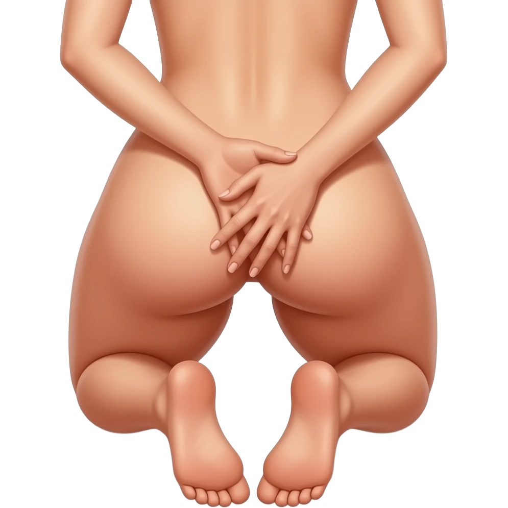 Naked woman. On hands and knees. Hand on groin. Big butt emoji