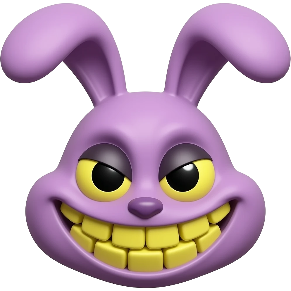 a purple cartoon rabbit head, big round face with long upright ears. The rabbit has a mischievous wide grin showing a full set of large yellow square teeth. Large semi-circular eyes, one eye is mostly black with a yellow accent, the other eye is mostly yellow with a black accent emoji
