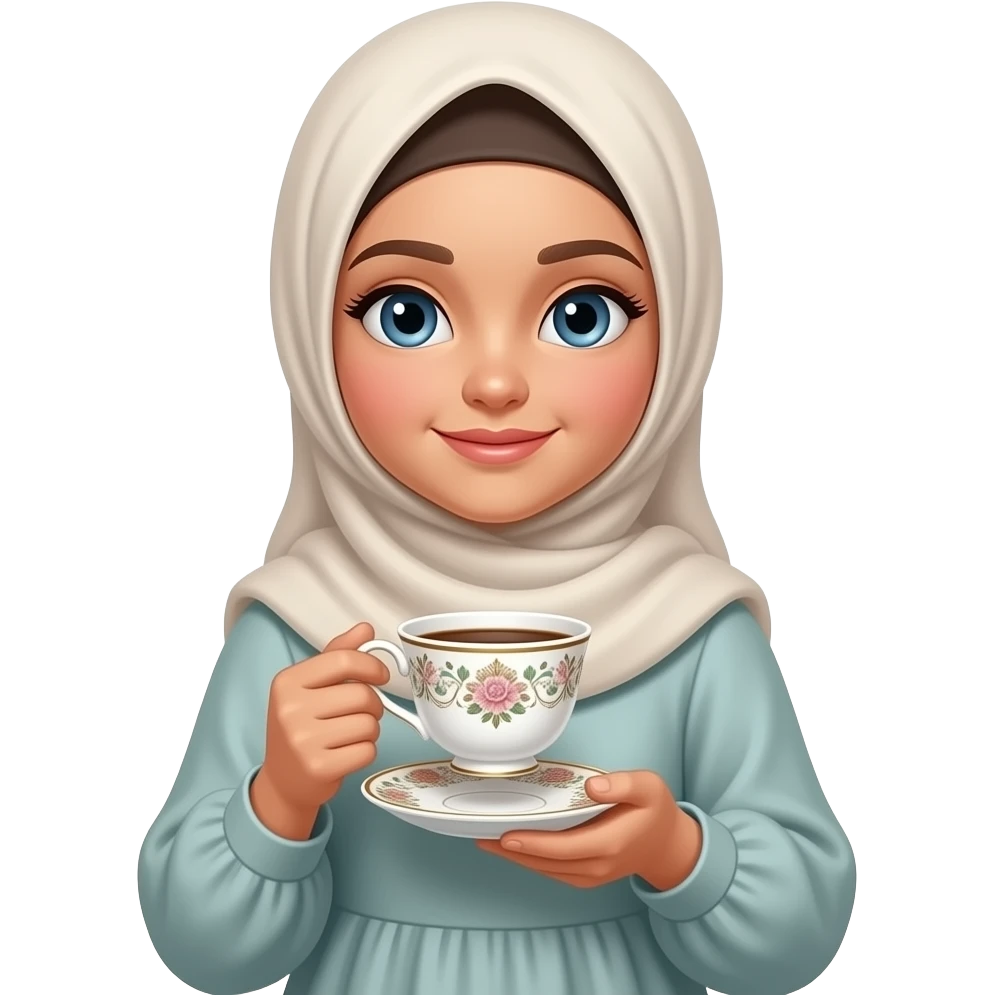 فتاة محجبة  ترتدي الحجابتحمل كوب قهوة والكوب من العصر الفكتوري وهي تىتدي فستان انيق emoji