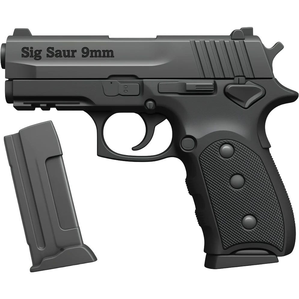 Make the sig saur 9mm pistol and add the name "Sig Saur 9mm" on the barrel . Make the name darker.  Make an extended clip hanging below the gun grip. Get rid of the clip not in the gun. Do not show a clip out of the gun. Get rid of the clip emoji