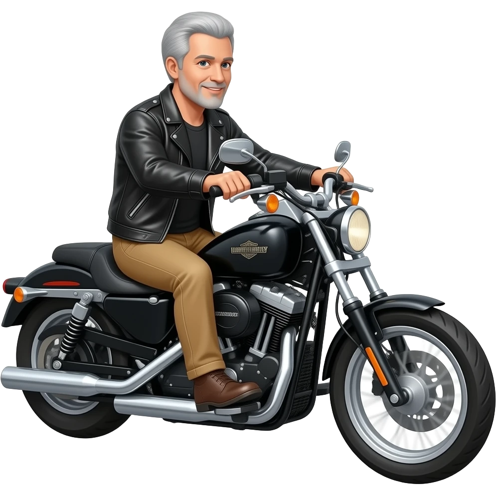 Gray haired biker clean shaven in black leather jacket and tan pants riding on a harley heritage classic emoji