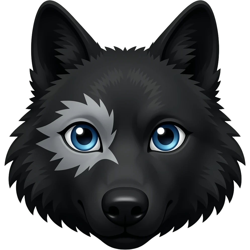 black wolf with blue eyes and greyish white markings over the left eye around the eye emoji