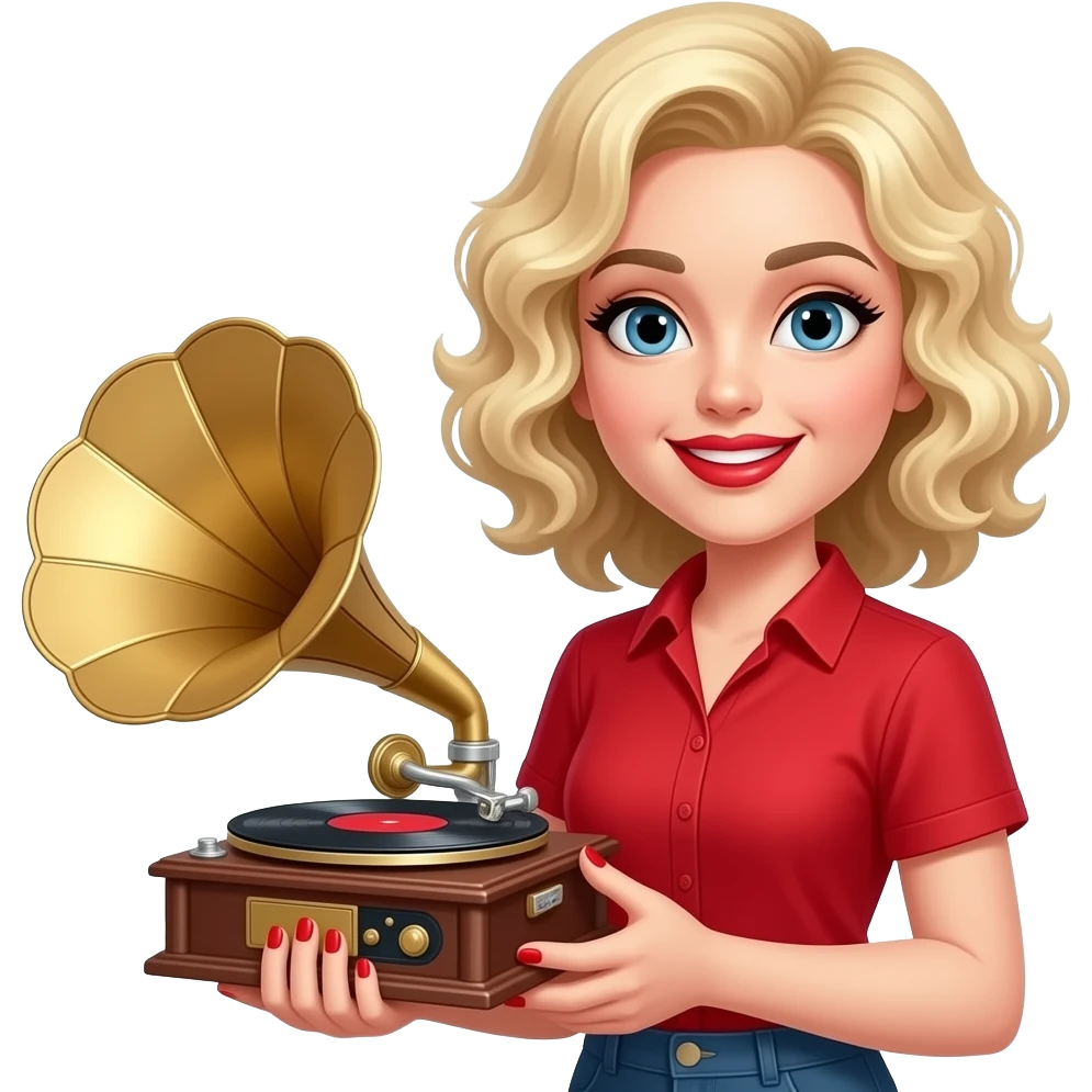 above neck Short blonde curly hair holding a victrola with red nails, in a red short sleeve shirt, red lipstick, black eyebrows emoji