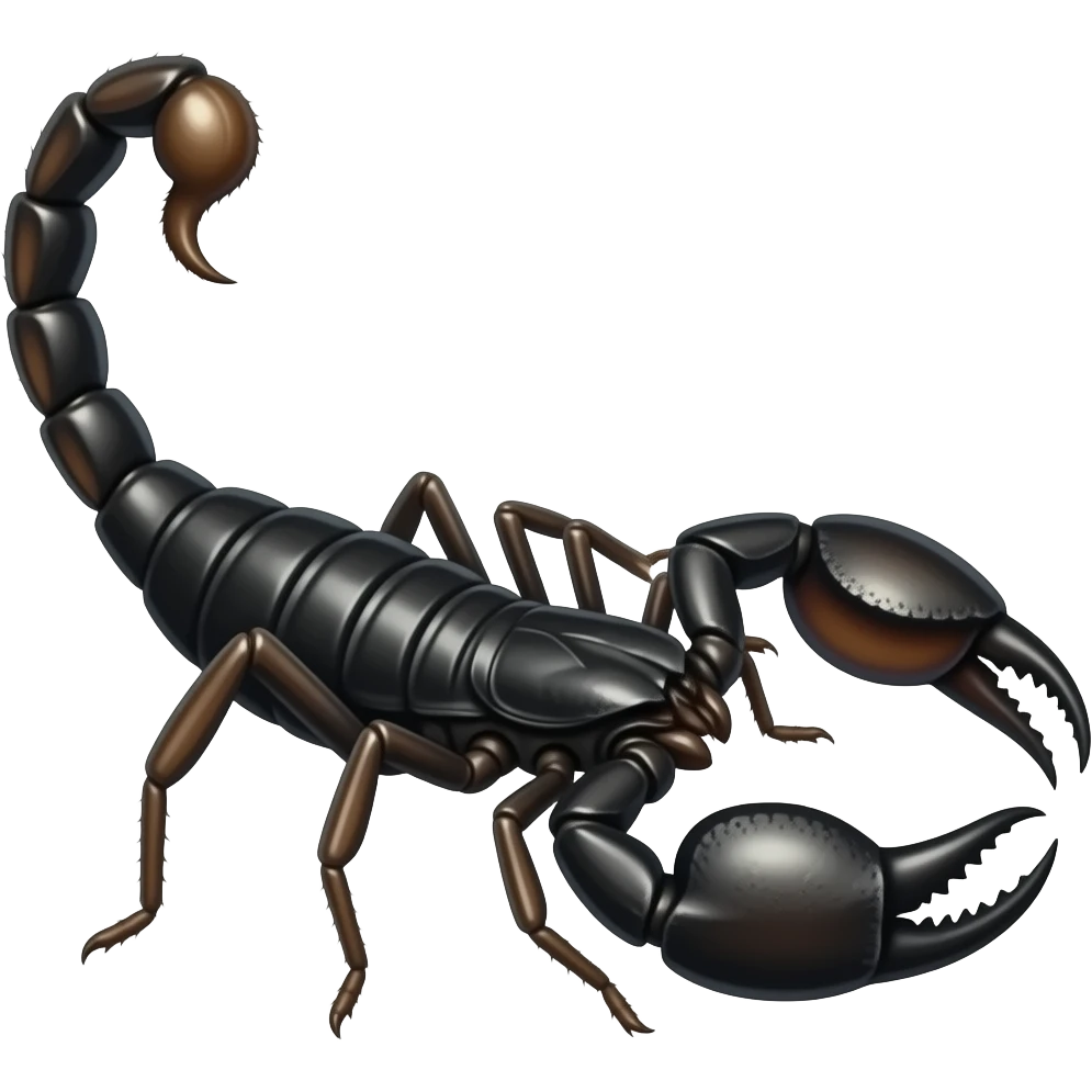 An insect with a black widow body and legs, a scorpion tail and stinger, a mantis head and arms, and scorpion pinchers emoji