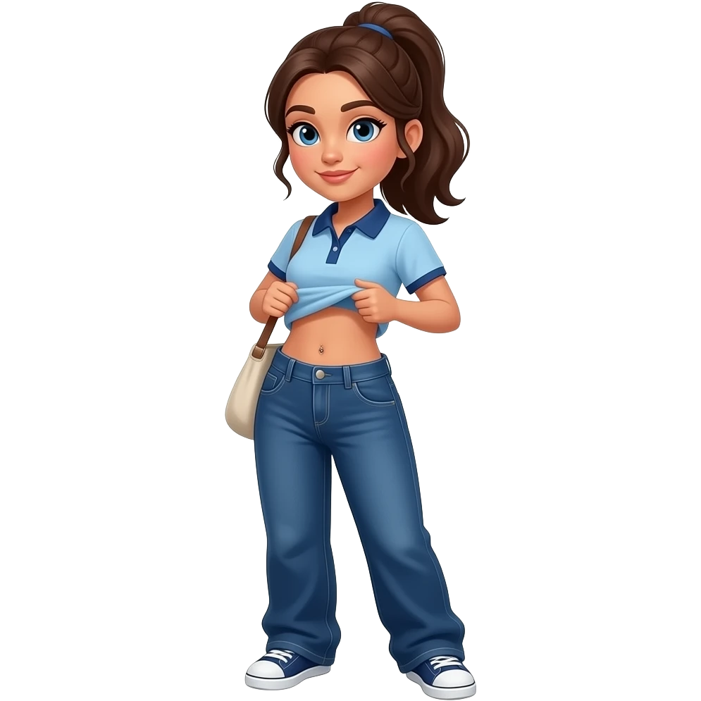 17 year old hispanic woman with brown ponytail and blue eyes light blue dark blue polo and dark blue baggy jeans and belly button lifting her shirt showing her feet emoji