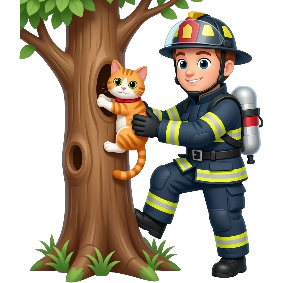 fire fighter hero saving cat from tree emoji
