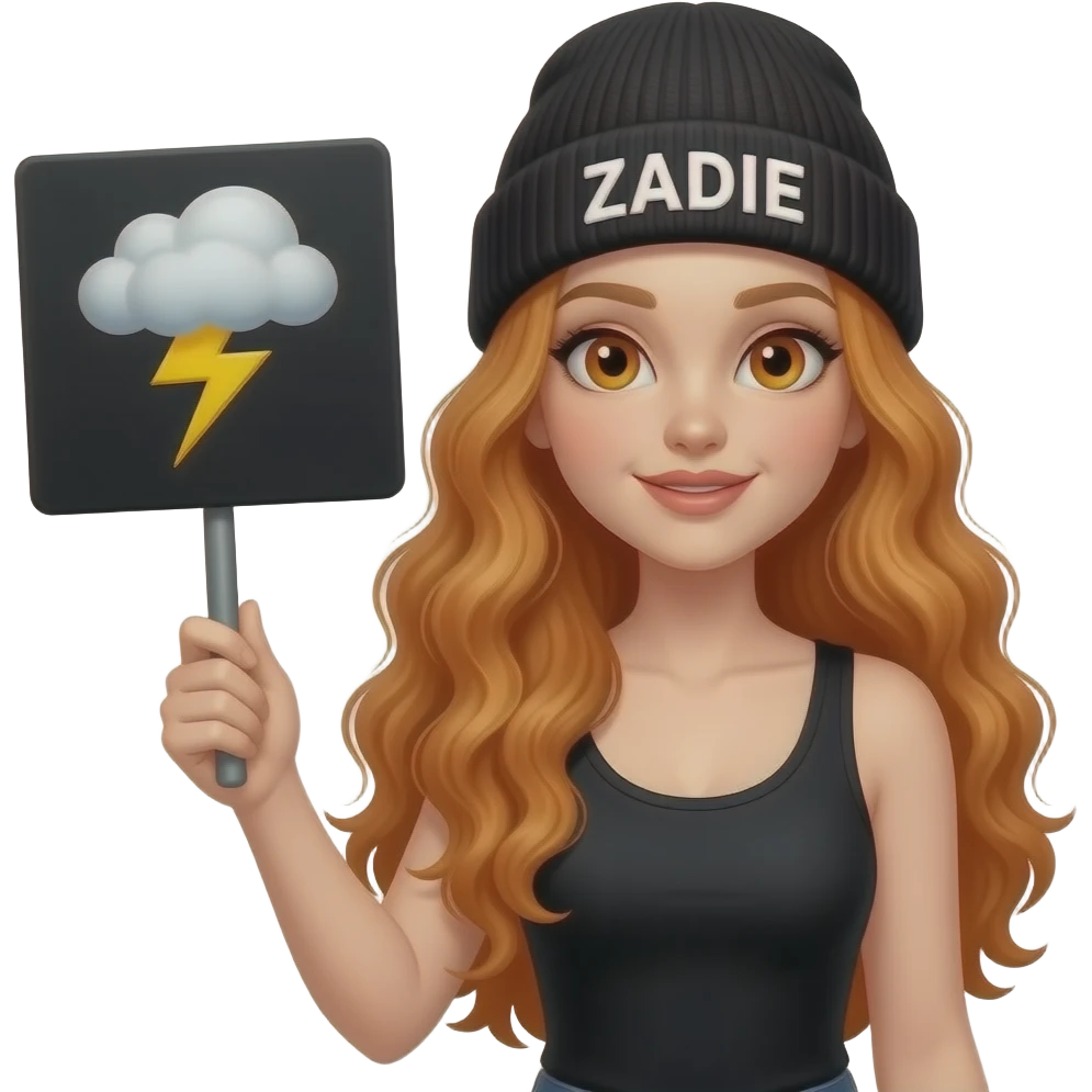 sexy girl with overlong wavy ginger hair and ginger eyes wearing a black tanktop and a black beanie with ZADIE written on it, is holding a black sign with ⛈️ on it emoji